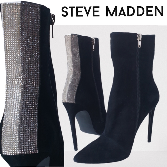 Steve Madden Shoes - Steve Madden Wagu Black Suede Mid Calf Stiletto Booties w/ Rhinestone Back 7.5